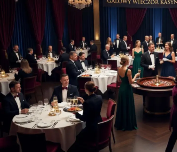Gala w stylu kasyna z burgundowo-złotą aranżacją