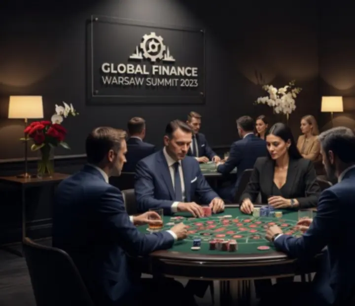 Firmowy wieczór casino style w Warszawie z elegancko oświetlonymi stołami do rekreacyjnych gier