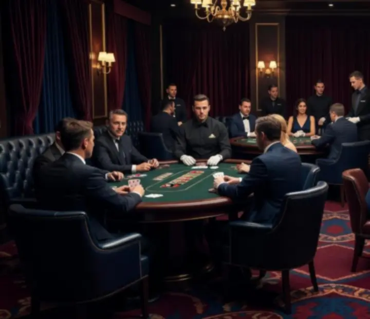 Elegancki wieczór tematyczny w stylu kasyna z pokerowymi stołami i nastrojowym oświetleniem